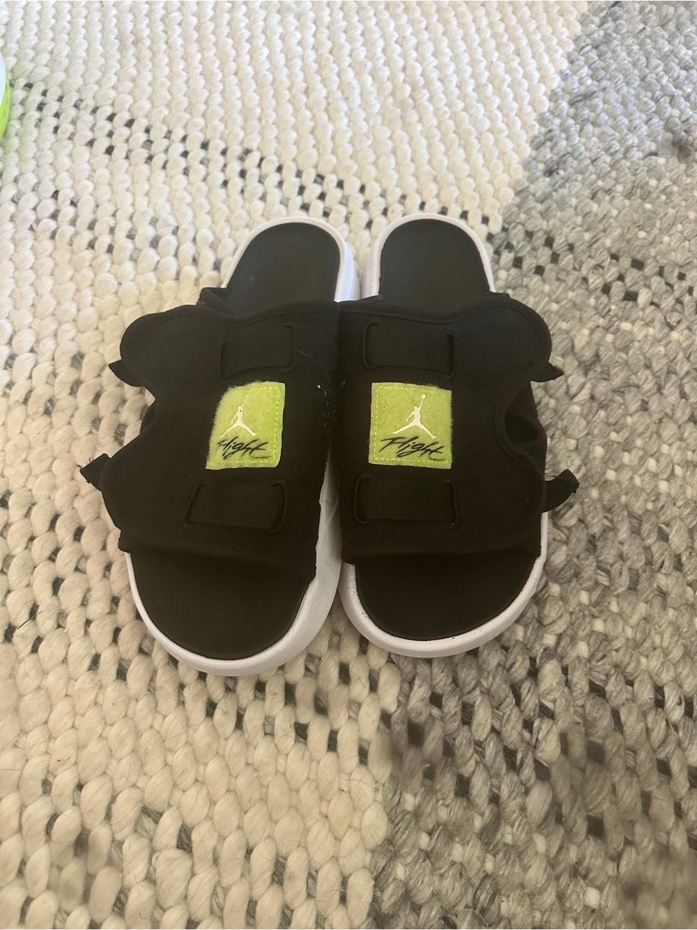 Jordan Black Slides with Neon Green Flight Patch